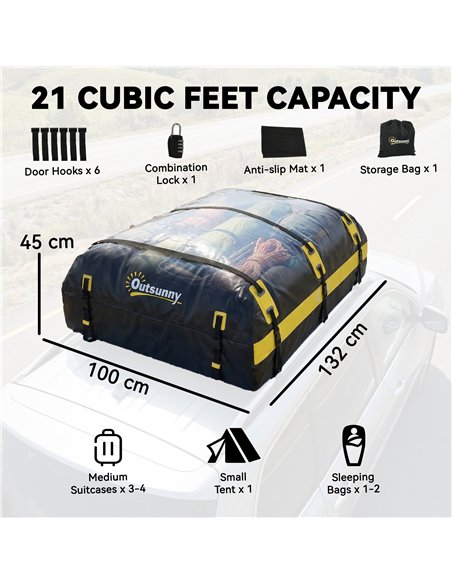 Outsunny Car Roof Bag, 21 Cubic Feet Waterproof Soft Car Roof Box Roofing Cargo Carrier w/ Reflective Arrows, Door Hooks, Yellow - pic 203204 | FastDaddyshop