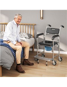 HOMCOM Transport Beside Shower Chair, 3-in-1 Commode Chair with Wheels and Padded Seat, Black 2