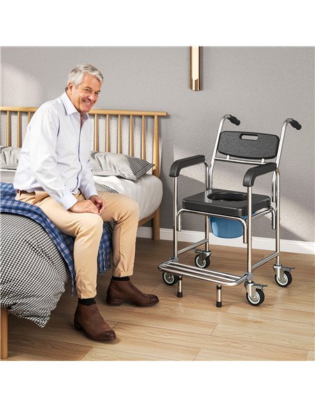 HOMCOM Transport Beside Shower Chair, 3-in-1 Commode Chair with Wheels and Padded Seat, Black - pic 203212 | FastDaddyshop