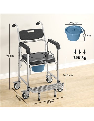 HOMCOM Transport Beside Shower Chair, 3-in-1 Commode Chair with Wheels and Padded Seat, Black