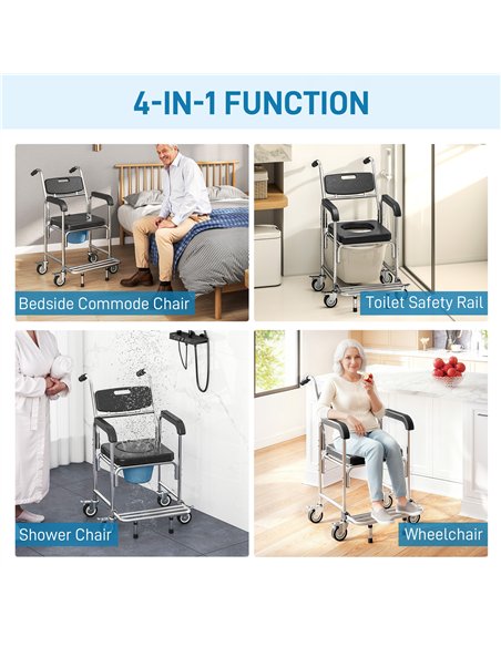 HOMCOM Transport Beside Shower Chair, 3-in-1 Commode Chair with Wheels and Padded Seat, Black - pic 203214 | FastDaddyshop
