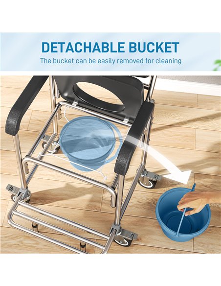 HOMCOM Transport Beside Shower Chair, 3-in-1 Commode Chair with Wheels and Padded Seat, Black - pic 203215 | FastDaddyshop