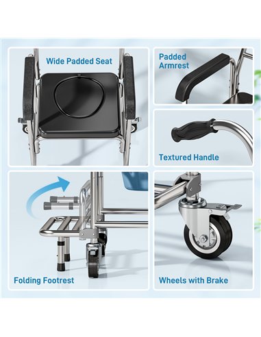 HOMCOM Transport Beside Shower Chair, 3-in-1 Commode Chair with Wheels and Padded Seat, Black