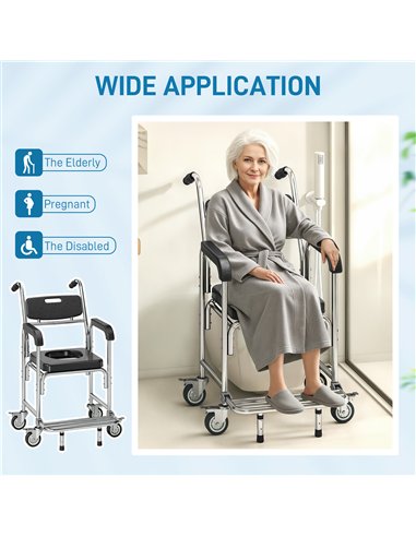 HOMCOM Transport Beside Shower Chair, 3-in-1 Commode Chair with Wheels and Padded Seat, Black