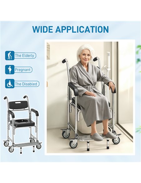 HOMCOM Transport Beside Shower Chair, 3-in-1 Commode Chair with Wheels and Padded Seat, Black - pic 203217 | FastDaddyshop