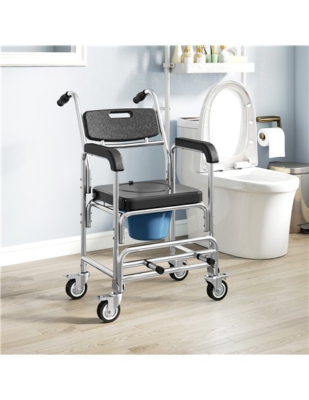 HOMCOM Transport Beside Shower Chair, 3-in-1 Commode Chair with Wheels and Padded Seat, Black - pic 203218 | FastDaddyshop