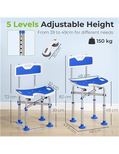 HOMCOM Shower Chair with U-Shaped Cutout, Height Adjustable Bath Bench, Padded Shower Stool for Elderly, Senior, Disabled, Blue