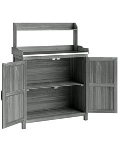 Outsunny Wooden Potting Bench Table with Aluminium Worktop, Outdoor Garden Workbench with Top Shelf and Cabinet Storage