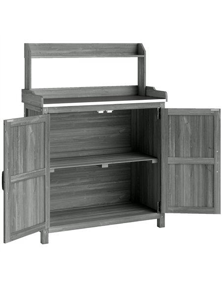 Outsunny Wooden Potting Bench Table with Aluminium Worktop, Outdoor Garden Workbench with Top Shelf and Cabinet Storage - pic 203238 | FastDaddyshop
