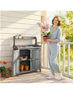 Outsunny Wooden Potting Bench Table with Aluminium Worktop, Outdoor Garden Workbench with Top Shelf and Cabinet Storage 2