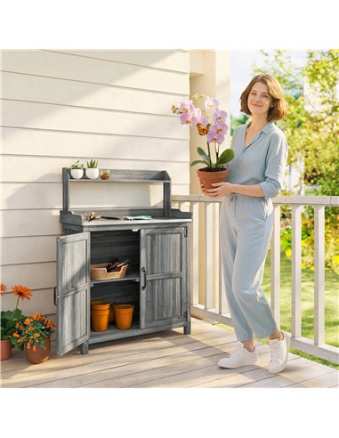 Outsunny Wooden Potting Bench Table with Aluminium Worktop, Outdoor Garden Workbench with Top Shelf and Cabinet Storage