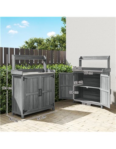 Outsunny Wooden Potting Bench Table with Aluminium Worktop, Outdoor Garden Workbench with Top Shelf and Cabinet Storage