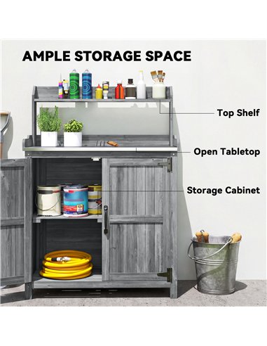 Outsunny Wooden Potting Bench Table with Aluminium Worktop, Outdoor Garden Workbench with Top Shelf and Cabinet Storage