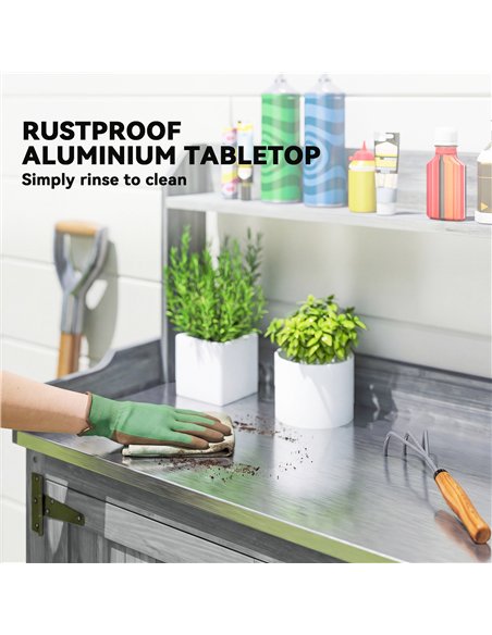 Outsunny Wooden Potting Bench Table with Aluminium Worktop, Outdoor Garden Workbench with Top Shelf and Cabinet Storage - pic 203242 | FastDaddyshop