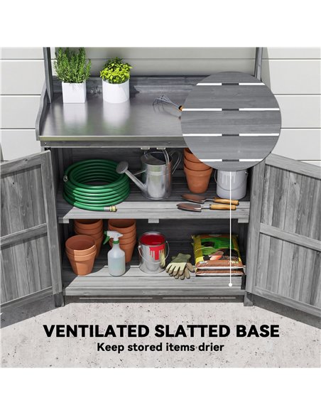 Outsunny Wooden Potting Bench Table with Aluminium Worktop, Outdoor Garden Workbench with Top Shelf and Cabinet Storage - pic 203243 | FastDaddyshop
