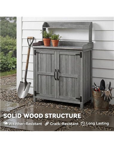 Outsunny Wooden Potting Bench Table with Aluminium Worktop, Outdoor Garden Workbench with Top Shelf and Cabinet Storage