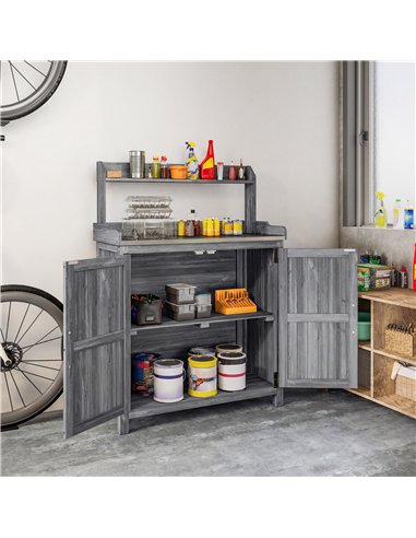 Outsunny Wooden Potting Bench Table with Aluminium Worktop, Outdoor Garden Workbench with Top Shelf and Cabinet Storage