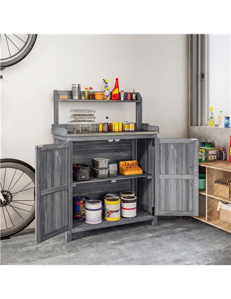 Outsunny Wooden Potting Bench Table with Aluminium Worktop, Outdoor Garden Workbench with Top Shelf and Cabinet Storage - pic 203246 | FastDaddyshop