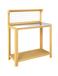 Outsunny Wooden Potting Bench Table with Aluminium Worktop, Outdoor Garden Workbench with 2 Shelves