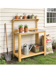 Outsunny Wooden Potting Bench Table with Aluminium Worktop, Outdoor Garden Workbench with 2 Shelves 2
