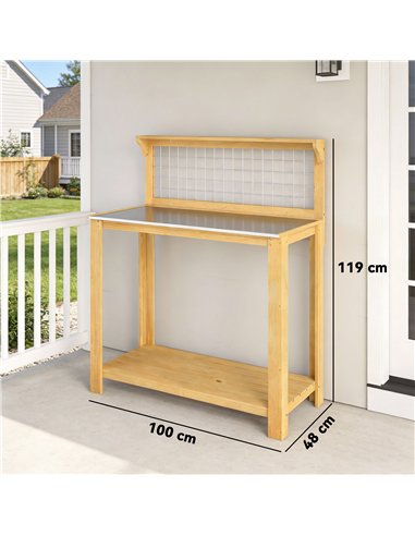 Outsunny Wooden Potting Bench Table with Aluminium Worktop, Outdoor Garden Workbench with 2 Shelves