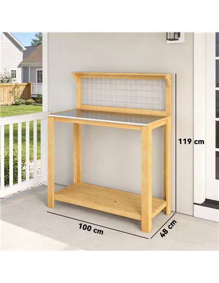 Outsunny Wooden Potting Bench Table with Aluminium Worktop, Outdoor Garden Workbench with 2 Shelves - pic 203249 | FastDaddyshop