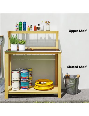 Outsunny Wooden Potting Bench Table with Aluminium Worktop, Outdoor Garden Workbench with 2 Shelves
