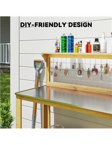 Outsunny Wooden Potting Bench Table with Aluminium Worktop, Outdoor Garden Workbench with 2 Shelves