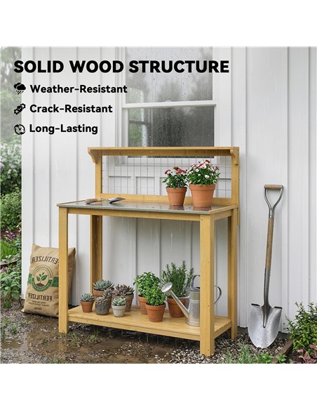 Outsunny Wooden Potting Bench Table with Aluminium Worktop, Outdoor Garden Workbench with 2 Shelves - pic 203253 | FastDaddyshop