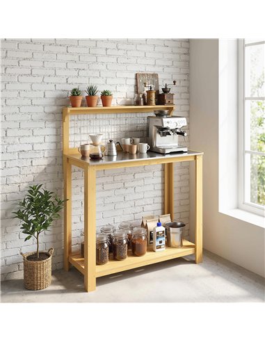 Outsunny Wooden Potting Bench Table with Aluminium Worktop, Outdoor Garden Workbench with 2 Shelves
