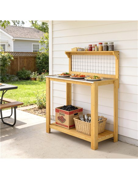 Outsunny Wooden Potting Bench Table with Aluminium Worktop, Outdoor Garden Workbench with 2 Shelves - pic 203255 | FastDaddyshop