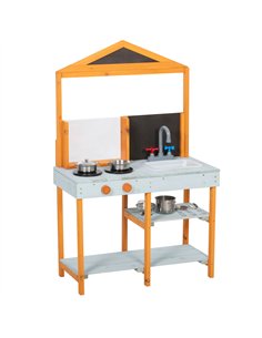 AIYAPLAY Mud Kitchen for Kids, Outdoor Wooden Play Kitchen with Sink, Stove, Cookware, Shelves, Pretend Play Toy for Ages 3-8