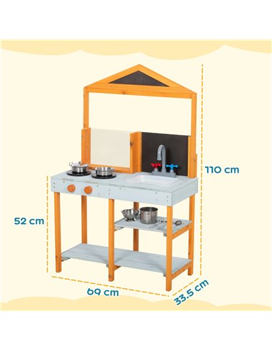 AIYAPLAY Mud Kitchen for Kids, Outdoor Wooden Play Kitchen with Sink, Stove, Cookware, Shelves, Pretend Play Toy for Ages 3-8