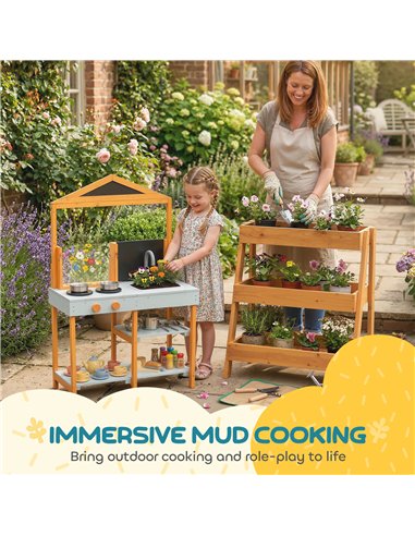AIYAPLAY Mud Kitchen for Kids, Outdoor Wooden Play Kitchen with Sink, Stove, Cookware, Shelves, Pretend Play Toy for Ages 3-8