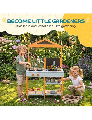 AIYAPLAY Mud Kitchen for Kids, Outdoor Wooden Play Kitchen with Sink, Stove, Cookware, Shelves, Pretend Play Toy for Ages 3-8