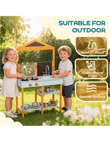 AIYAPLAY Mud Kitchen for Kids, Outdoor Wooden Play Kitchen with Sink, Stove, Cookware, Shelves, Pretend Play Toy for Ages 3-8