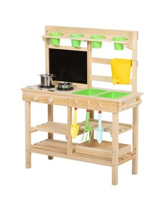 AIYAPLAY Kids Mud Kitchen, Outdoor Wooden Play Kitchen with Kitchenware & Garden Tools, Pretend Play Outdoor Toys, Natural