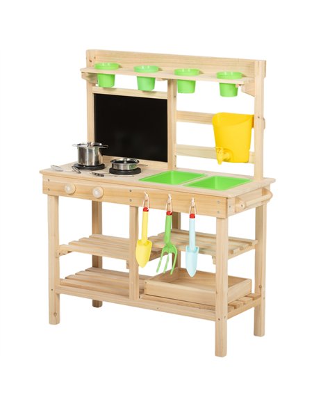 AIYAPLAY Kids Mud Kitchen, Outdoor Wooden Play Kitchen with Kitchenware & Garden Tools, Pretend Play Outdoor Toys, Natural - pic 203283 | FastDaddyshop