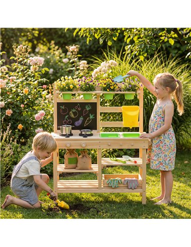 AIYAPLAY Kids Mud Kitchen, Outdoor Wooden Play Kitchen with Kitchenware & Garden Tools, Pretend Play Outdoor Toys, Natural