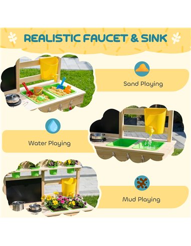 AIYAPLAY Kids Mud Kitchen, Outdoor Wooden Play Kitchen with Kitchenware & Garden Tools, Pretend Play Outdoor Toys, Natural