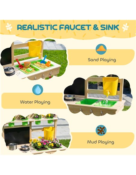 AIYAPLAY Kids Mud Kitchen, Outdoor Wooden Play Kitchen with Kitchenware & Garden Tools, Pretend Play Outdoor Toys, Natural - pic 203286 | FastDaddyshop