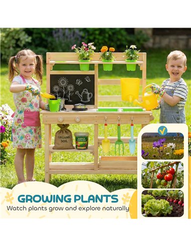 AIYAPLAY Kids Mud Kitchen, Outdoor Wooden Play Kitchen with Kitchenware & Garden Tools, Pretend Play Outdoor Toys, Natural