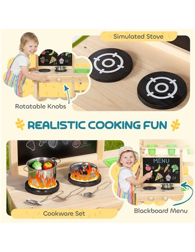 AIYAPLAY Kids Mud Kitchen, Outdoor Wooden Play Kitchen with Kitchenware & Garden Tools, Pretend Play Outdoor Toys, Natural