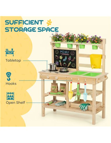 AIYAPLAY Kids Mud Kitchen, Outdoor Wooden Play Kitchen with Kitchenware & Garden Tools, Pretend Play Outdoor Toys, Natural