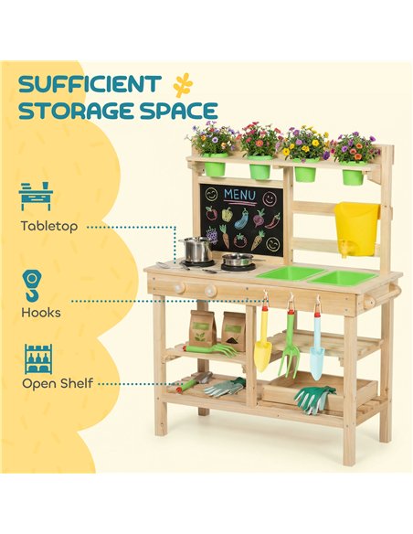AIYAPLAY Kids Mud Kitchen, Outdoor Wooden Play Kitchen with Kitchenware & Garden Tools, Pretend Play Outdoor Toys, Natural - pic 203289 | FastDaddyshop