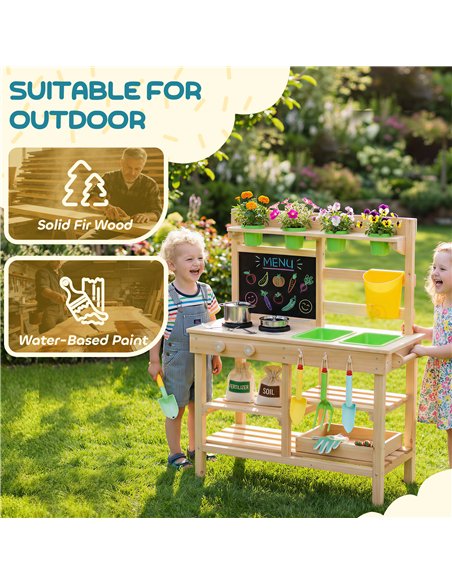 AIYAPLAY Kids Mud Kitchen, Outdoor Wooden Play Kitchen with Kitchenware & Garden Tools, Pretend Play Outdoor Toys, Natural - pic 203290 | FastDaddyshop
