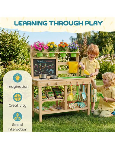 AIYAPLAY Kids Mud Kitchen, Outdoor Wooden Play Kitchen with Kitchenware & Garden Tools, Pretend Play Outdoor Toys, Natural