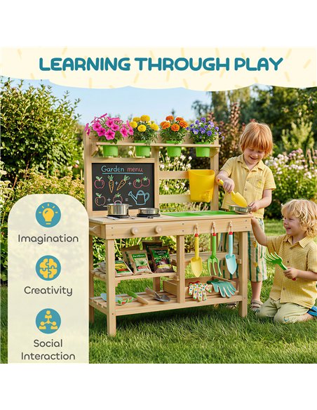 AIYAPLAY Kids Mud Kitchen, Outdoor Wooden Play Kitchen with Kitchenware & Garden Tools, Pretend Play Outdoor Toys, Natural - pic 203291 | FastDaddyshop