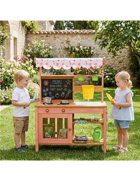 AIYAPLAY Kids Mud Kitchen with Canopy, Outdoor Wooden Play Kitchen with Planter Box, Accessories for Age 3-6, Pink - pic 203293 | FastDaddyshop