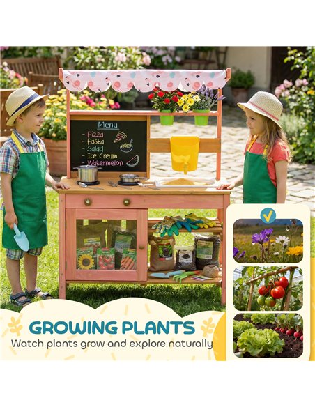 AIYAPLAY Kids Mud Kitchen with Canopy, Outdoor Wooden Play Kitchen with Planter Box, Accessories for Age 3-6, Pink - pic 203296 | FastDaddyshop